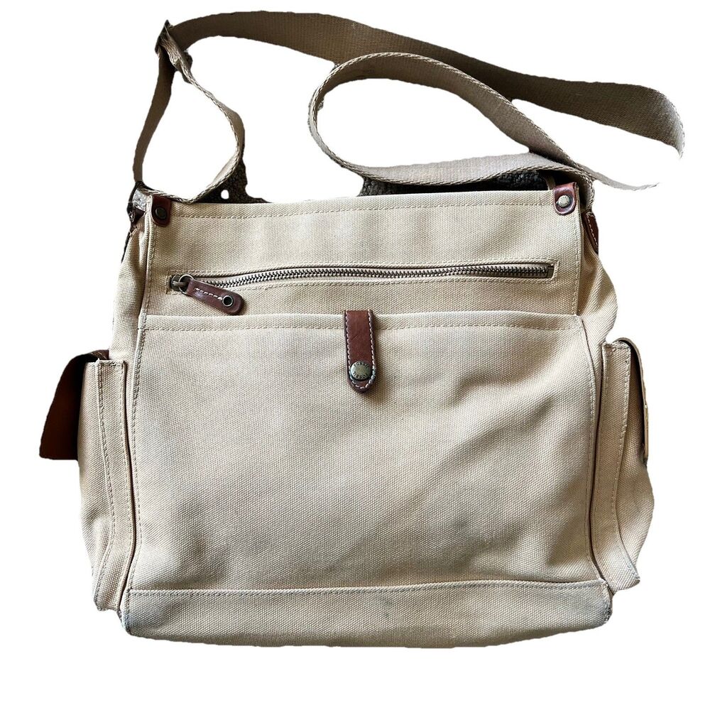 Fossil Adjustable Shoulder Crossbody Messenger Organizer Bag Tan Canvas Leather